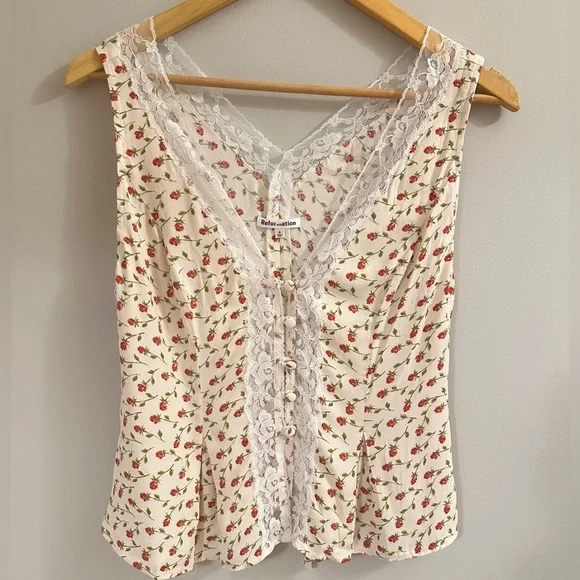 NEW Reformation Cristina Lace Trim Woven Tank Top in Madison Red Floral | size 4 - Picture 4 of 10